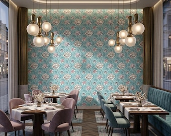 Papel pintado floral botánico vintage color verde azulado, revestimiento de paredes para salones (autoadhesivo).