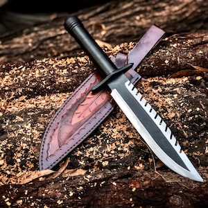 Hand Forged Carbon Steel Survival Bowie Knife | Black Coated Blade | Outdoor Hunting Knife | with Leather Sheath | Gift For Christmas