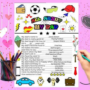Carte imprimable Tout sur mon père, questionnaire pour la fête des pères, carte d'activités à colorier DIY pour la fête des pères, cadeau papa d'une enfant, page à colorier pour enfants