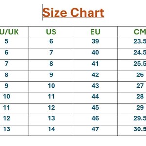 May include: A shoe size chart with conversions for AU/UK, US, EU, and CM measurements. The chart includes sizes from AU/UK 5 to 13, US 6 to 14, EU 39 to 47, and CM 23.5 to 30.5.