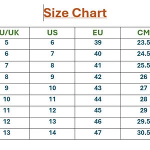 以下が含まれることがあります： AU/UK、US、EU、CMのサイズが記載された靴のサイズチャート。AU/UK 5～13、US 6～14、EU 39～47、CM 23.5～30.5のサイズが含まれています。