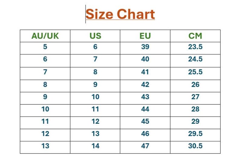 以下が含まれることがあります： AU/UK、US、EU、CMのサイズが記載された靴のサイズチャート。AU/UK 5～13、US 6～14、EU 39～47、CM 23.5～30.5のサイズが含まれています。