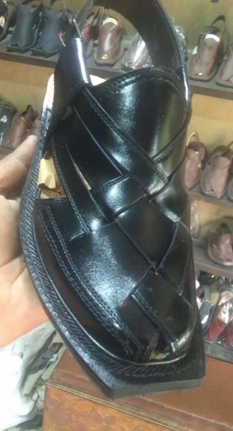 Eastern Ethnic Black Handmade Men's Leather Peshawari Chappal Sandal with Buckle image 5