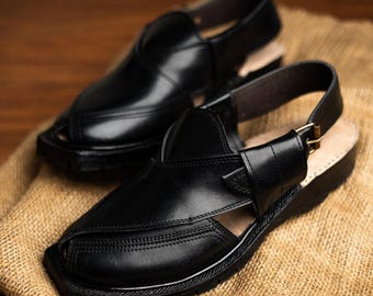 Eastern Ethnic Black Handmade Men's Leather Peshawari Chappal Sandal with Buckle