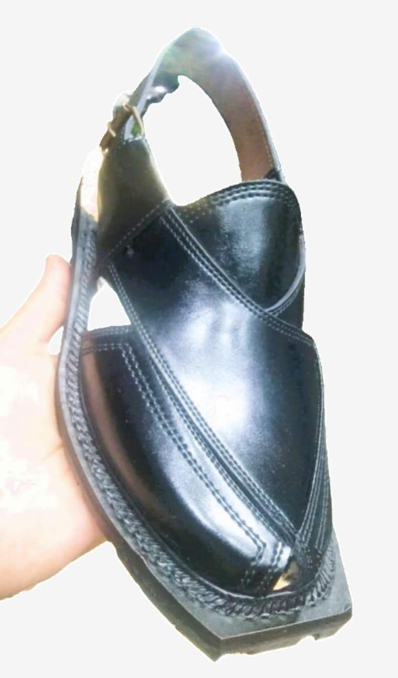 Eastern Ethnic Black Handmade Men's Leather Peshawari Chappal Sandal with Buckle image 7