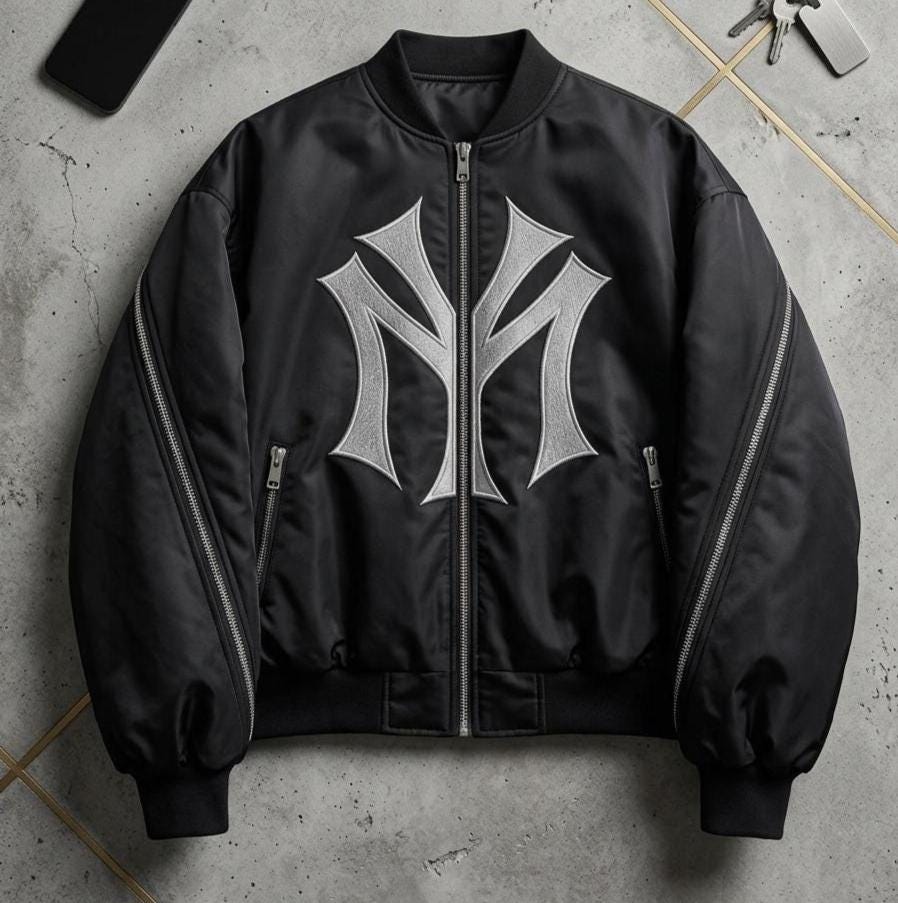Mowalola-inspired My City New York Bomber Jacket, Black Satin