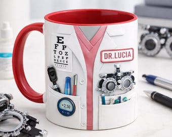 Gepersonaliseerde oogartsmok, essentiële medische hulpmiddelen koffiemok, optometrist cadeaumok, cadeau voor oogartsen, cadeau voor optometristen