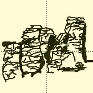 Könnte beinhalten: Schwarz-weiß-Zeichnung eines Steinhaufens. Die Zeichnung ist stilisiert und abstrakt.