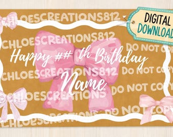 Pink Bow Birthday Banner Template | Editable Happy Birthday Name & Age Banner | Girl Birthday Bow Theme | Paintable Party Decor