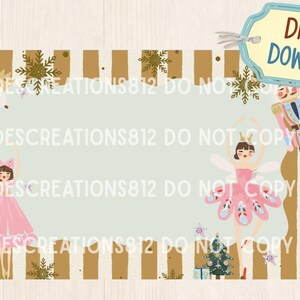 Pode incluir: Um download digital com tema Quebra-Nozes. O design inclui ilustrações de um quebra-nozes, um rei rato e bailarinas em vestidos rosa, com flocos de neve e uma árvore de Natal. As palavras "DOWNLOAD DIGITAL" estão em uma etiqueta.