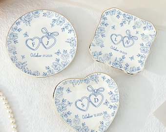 Personalized Ceramic Locked Ring Dish, Toile De Jouy, Wedding Gift