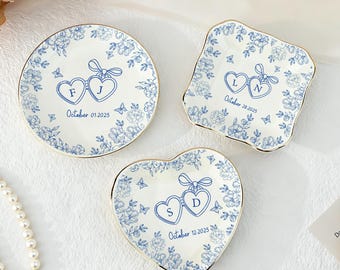 Personalized Ceramic Locked Ring Dish, Toile De Jouy, Wedding Gift