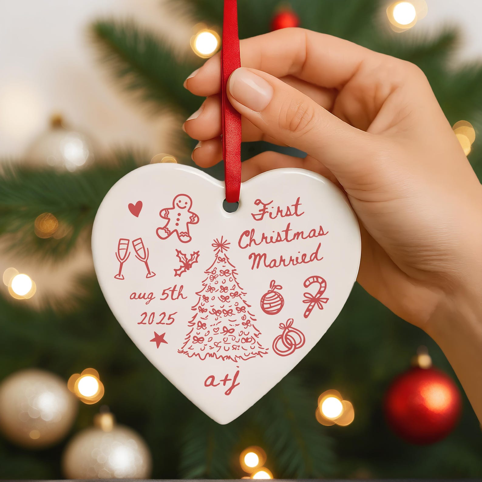 First Christmas Married Ornament, Mr And Mrs Ornament, Personalized Married Gift For Newlywed Couple, Custom Wedding Date Ornament Doodle