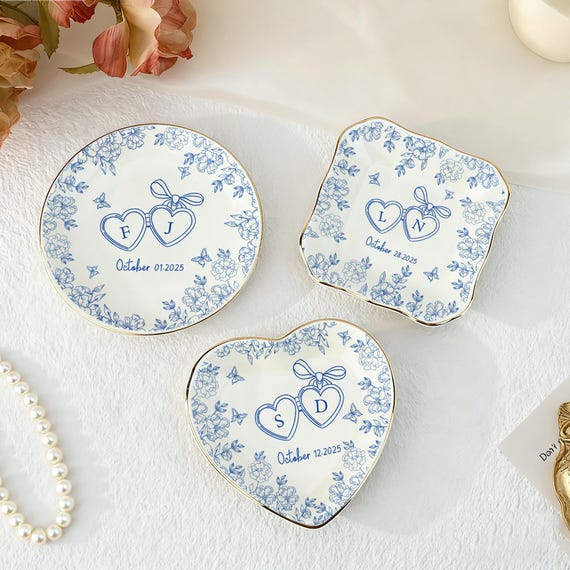 Personalized Ceramic Locked Ring Dish, Toile De Jouy, Wedding Gift