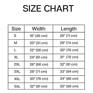 K&ouml;nnte beinhalten: Eine Gr&ouml;&szlig;entabelle mit der &Uuml;berschrift "SIZE CHART". Sie zeigt die Gr&ouml;&szlig;en S bis 5XL mit Breiten- und L&auml;ngenma&szlig;en in Zoll (und cm). Die Tabelle befindet sich auf wei&szlig;em Hintergrund mit schwarzem Text und Rahmen.