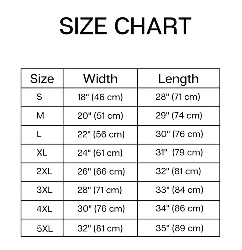 K&ouml;nnte beinhalten: Eine Gr&ouml;&szlig;entabelle mit der &Uuml;berschrift "SIZE CHART". Sie zeigt die Gr&ouml;&szlig;en S bis 5XL mit Breiten- und L&auml;ngenma&szlig;en in Zoll (und cm). Die Tabelle befindet sich auf wei&szlig;em Hintergrund mit schwarzem Text und Rahmen.