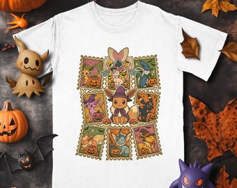 Pode incluir: Camiseta branca com um design de Halloween com personagens de desenhos animados em molduras semelhantes a selos postais. O design inclui abóboras, fantasmas e o texto "RIP". A camiseta é cercada por decorações de Halloween.