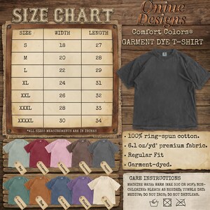 May include: A size chart for Comfort Colors garment dye t-shirts with width and length measurements in inches. Includes a dark grey t-shirt, a color palette of fifteen shirts, fabric specifications of 100% ring-spun cotton, and care instructions.