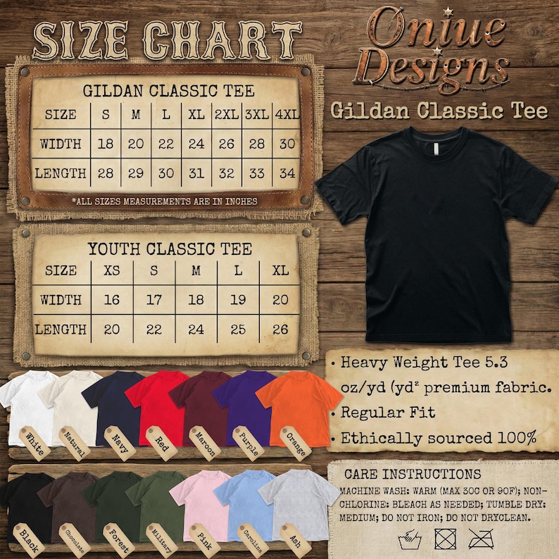 May include: A black Gildan Classic Tee shirt next to a size chart with measurements in inches. The chart includes sizes for both adult and youth classic tees. Below are various colored t-shirts, including white, navy, red, and orange.