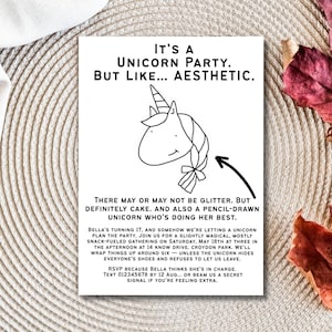 Aesthetic Editable Unicorn Birthday Card – Funny & Sarcastic Stick Unicorn Invite – Digital Canva Template for Teens, Adults, Women