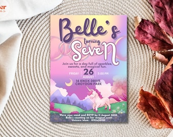 May include: A colorful invitation for a unicorn-themed birthday party. The invitation features a pink and purple background with a unicorn, a crescent moon, and the text "Belle's turning Seven". The invitation also includes the date and time of the party, as well as the address.