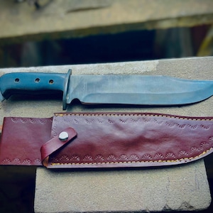 Handmade 5160 Spring Steel Bowie Knife: Removable Scales, Leather Sheath, Acid Washed Rustic Look