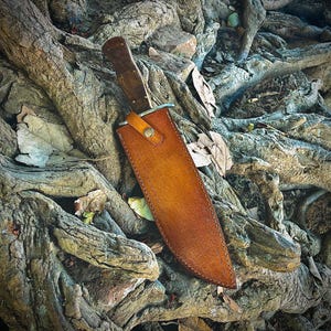 May include: A large hunting knife with a wooden handle and a leather sheath. The knife has a silver blade and is secured in a brown leather sheath with a button closure. The knife and sheath are resting on a bed of tree roots.
