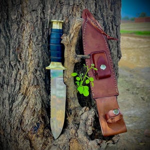 Handmade 1095 High Carbon Steel Bowie Knife: Black Stacked Leather Handle, Leather Sheath