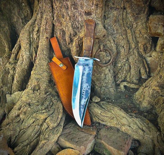 Handmade 5160 Spring Steel Bowie Knife Full Tang Wood Handle with Leather Sheath – Custom Gift for Him, Outdoor Hunting Fixed Blade Knife