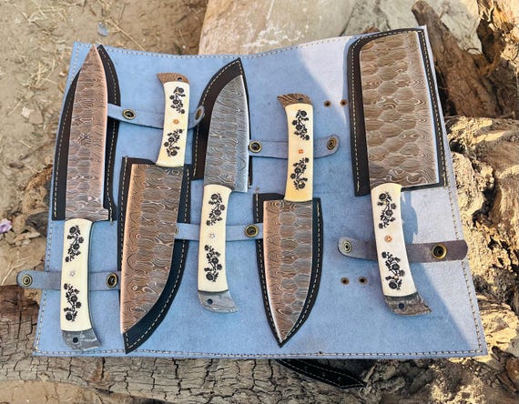 5 Piece Handmade Kitchen Knife Set with Leather Roll, Personalized Gift for Her, Christmas Gift for Wife, New Year Gift for Girlfriend, Chef