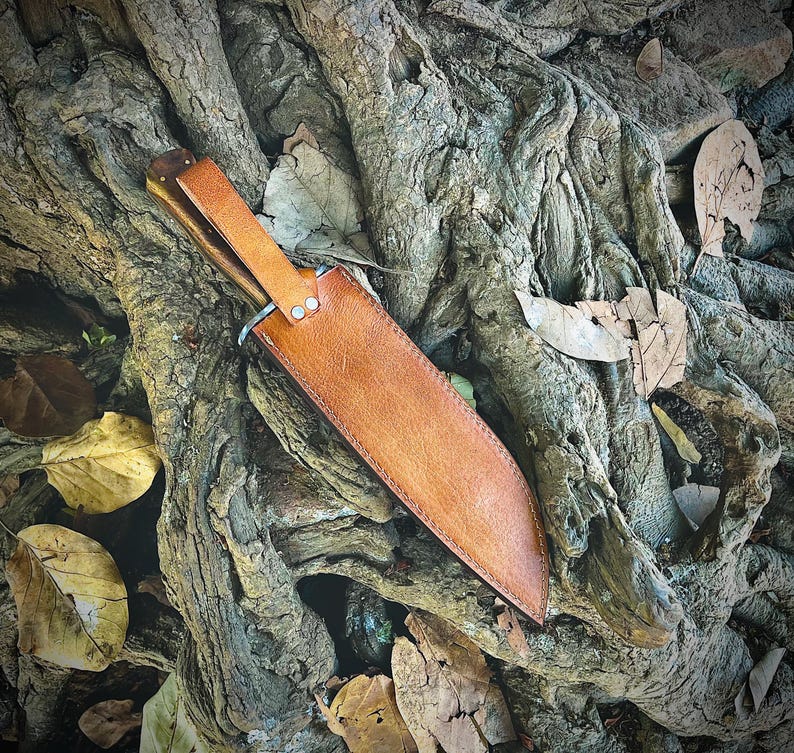 May include: A handcrafted hunting knife with a leather sheath. The knife features a wooden handle and a stainless steel blade. The sheath is a rich brown color and is secured with two rivets. The knife and sheath are resting on a bed of tree roots and fallen leaves.