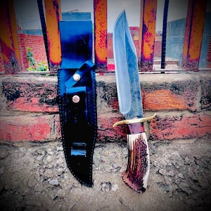 Black 5160 Spring Steel Bowie Knife Handmade: Natural Handle, with stone pouch Leather Sheath