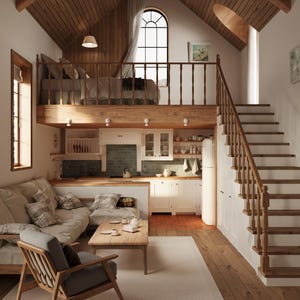 May include: A small, cozy living room with a loft bed, a wooden staircase, and a white couch with plaid pillows. The room has a rustic wooden ceiling and a large window.