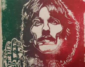 George Harrison, OM, Linoleum Print, OOAK, Hand printed