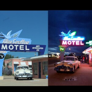 Blue Swallow Motel, Holographic Route 66 changing photo, Changes from day to night