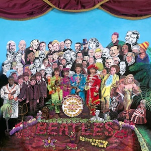May include: A colorful mural depicting a large group of people, including the Beatles, in front of a stage curtain. The mural is painted on a blue background and features a large, colorful flower arrangement at the bottom. The text "Sgt. Pepper's Lonely Hearts Club Band" is visible in the center of the mural.