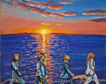 Abbey Road on the beach greeting card, Beatles, sunset, art greeting card, here comes the sun