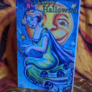 Happy Halloween card, vintage witch, Halloween card, original art greeting card