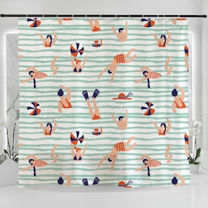 May include: Shower curtain with a repeating pattern of swimmers, beach balls, and snorkeling gear on a white background with horizontal light green stripes. The swimmers are in various poses, some diving, others with arms raised.