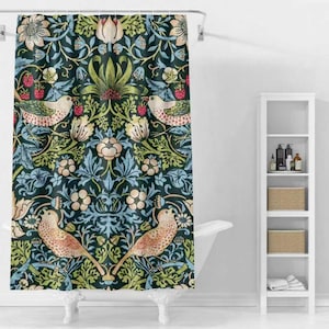 May include: A shower curtain with a repeating pattern of birds, flowers, and foliage in shades of green, blue, and cream against a dark background. The design features stylized birds and floral elements.