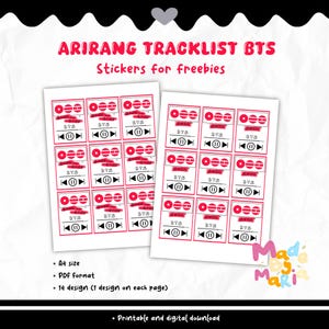 Puede incluir: Dos hojas de pegatinas blancas con un diseño rojo y negro. Las pegatinas tienen el texto "ARIRANG TRACKLIST BTS" y presentan un gráfico de reproductor de música. Las pegatinas son para regalos y tienen formato A4.