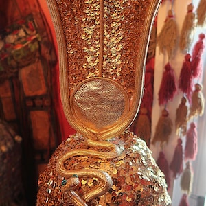Outrageous Cleopatra Gold Sequined Headpiece/Crown w/Golden Green Eyed Snake, Long Hanging Gold Beads, Costume/Theater/Stage/Display
