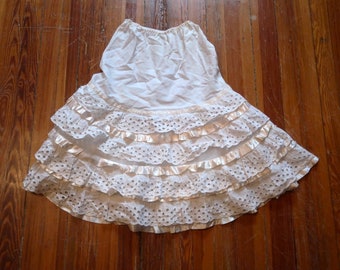 Darling 80s Does Victorian White Eyelet Cotton Netted and Ruffled Lace Petticoat/Slip/Skirt w/Pink Satin Trim, Great Summer Piece