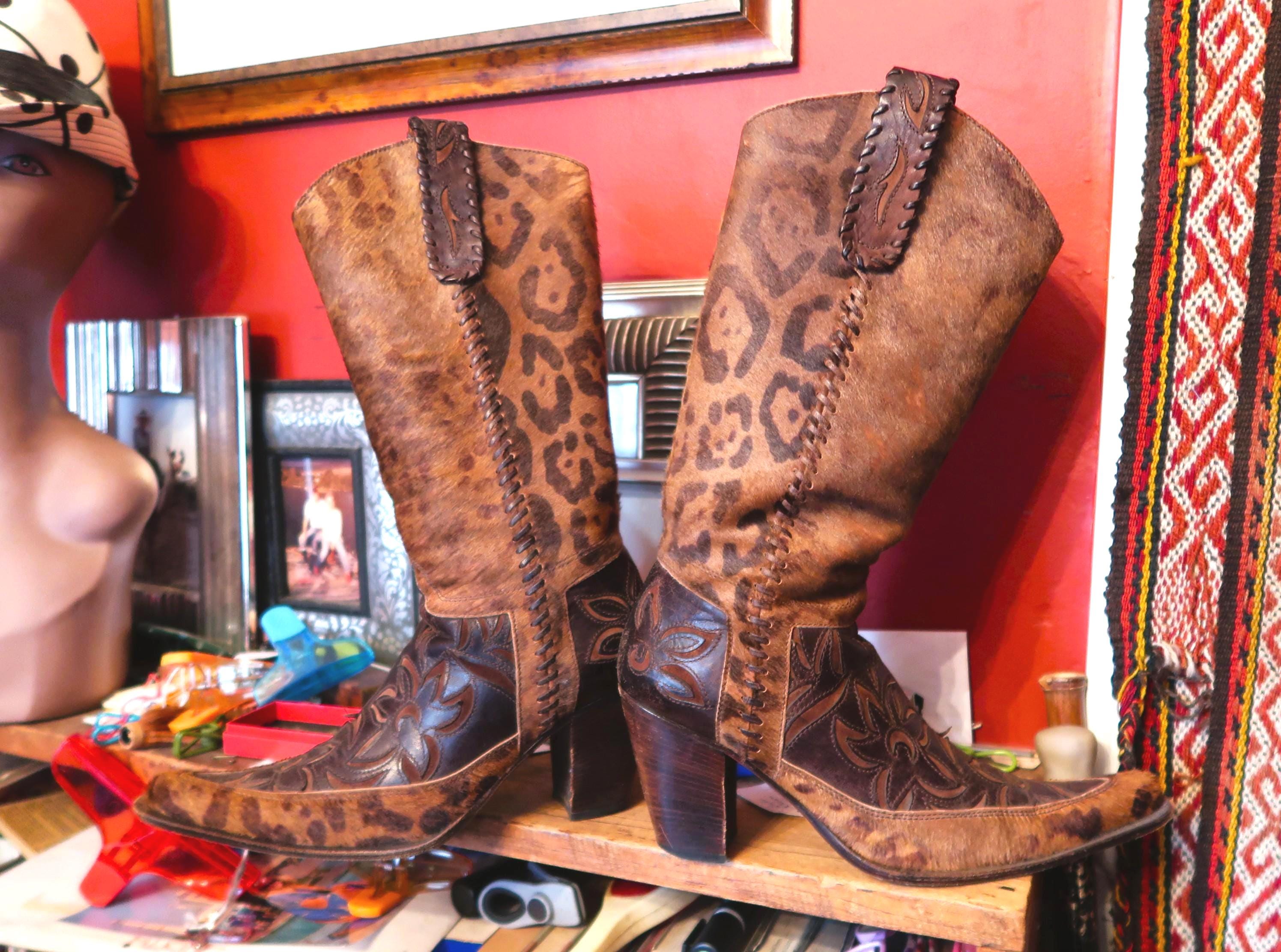 Unusual Leopard Print Pony Hair Boots w Inlaid Leather Cut Outs and…