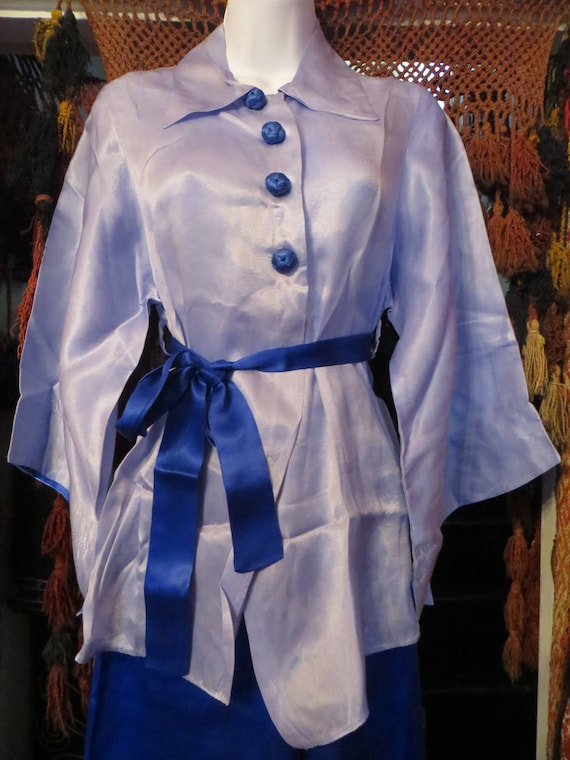 Fab 1940s/50s Asian Style Blue Satin Beach Pajamas