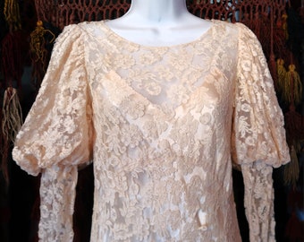 Amazing Antique Ivory Tulle All Lace Wedding Dress w/Silk Satin Slip Like Insert, Leg of Mutton Sleeves and Long Train