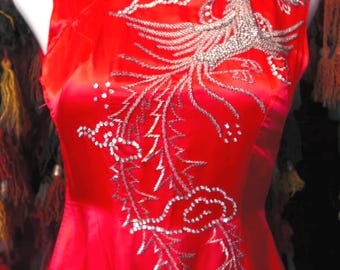 Stunning Beaded/Sequined Peacock Design on BRIGHT Red Silk Satin Cheongsam/Qipao Dress, Fab for Prom, Party, Costume