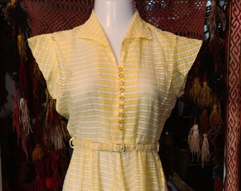 Fab 40s Sheer Lemon Yellow and White Striped Seersucker Day Dress w/Looped Rhinestone Buttons and Original Belt