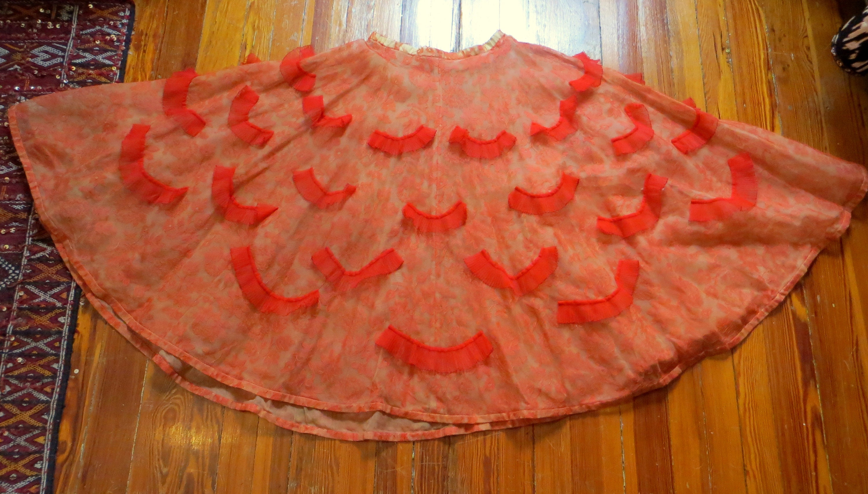 Rare 50s Fine Netted Orange Red Lace Circle Skirt Lined W