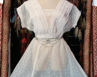 Stunning 1940s/50s Sheer White Organdy w/Florals  Fit and Flare Dress w/Fancy Pleated Rhinestone Accented Bodice, Wearable Size!